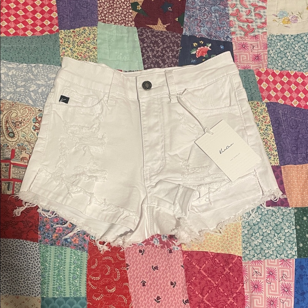 KanCan White Distressed Frayed Hem Denim Shorts